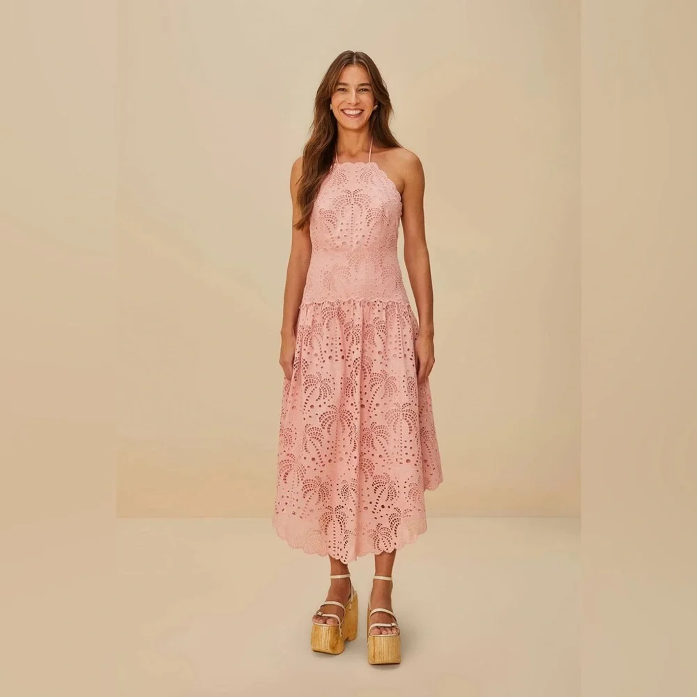 FARM RIO Blush Pink Palm Tree Eyelet Midi Dress - Picture 2 of 4